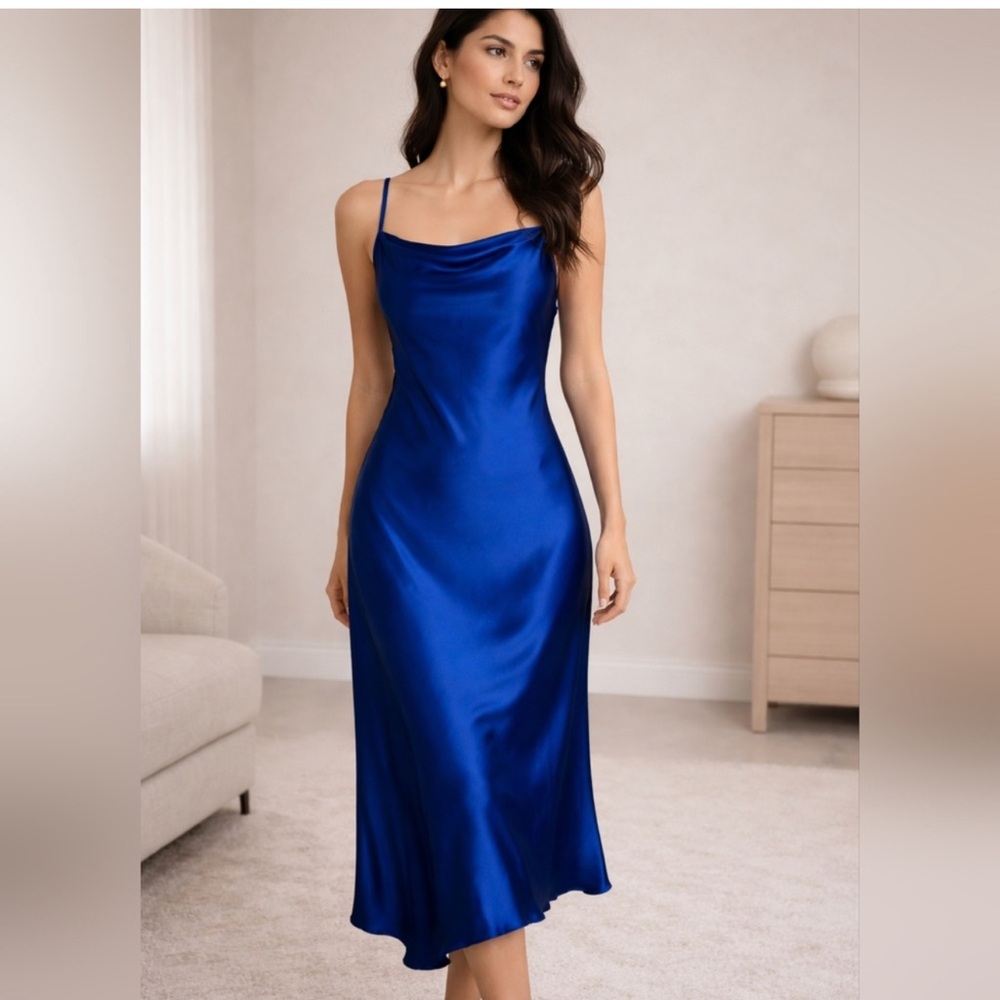bebe Satin Cowl Slip Dress in Cobalt Blue